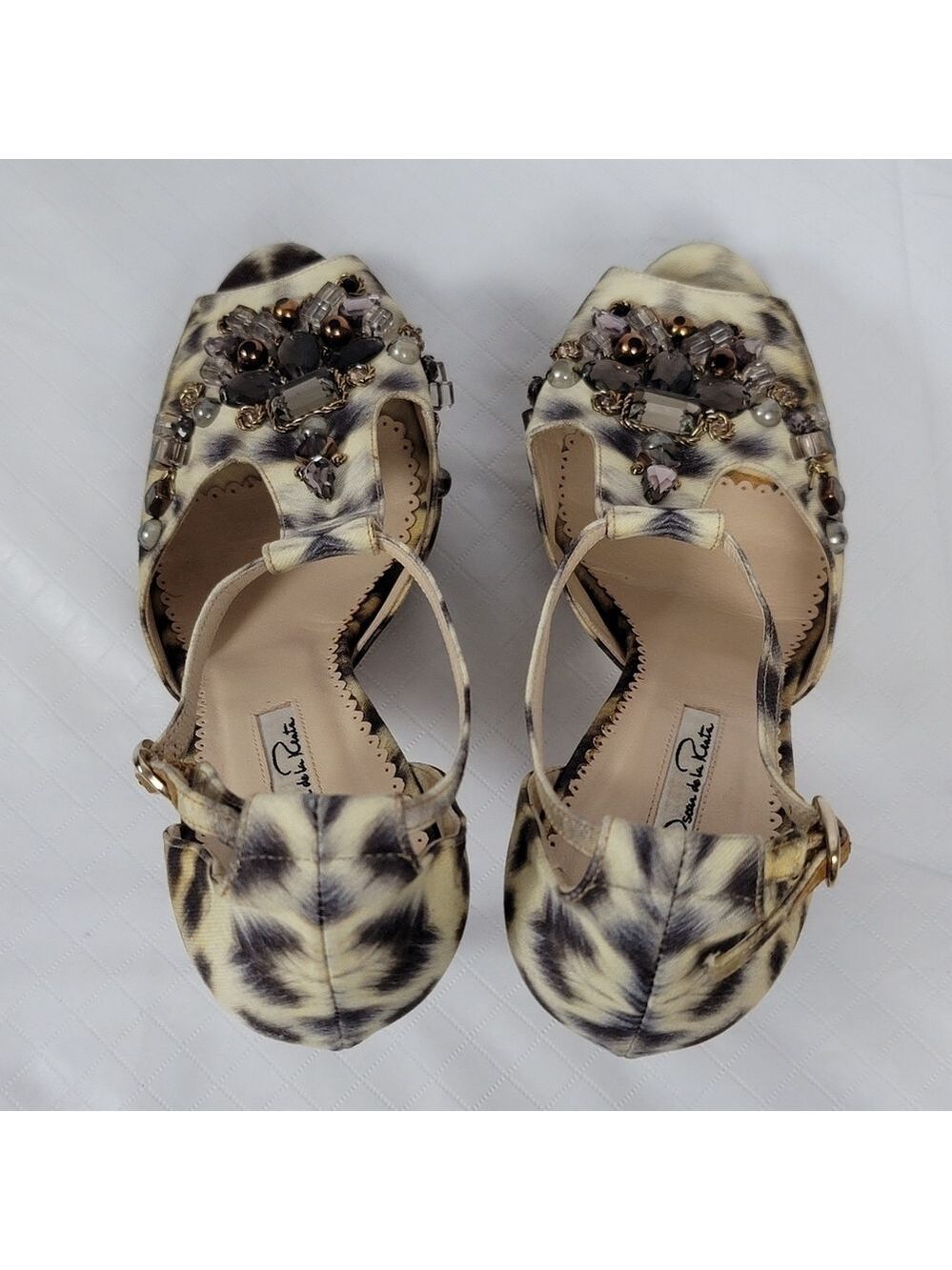 Oscar De La Renta Crystal Embellished Animal Print Platform Sandals 40 - Picture 3 of 14
